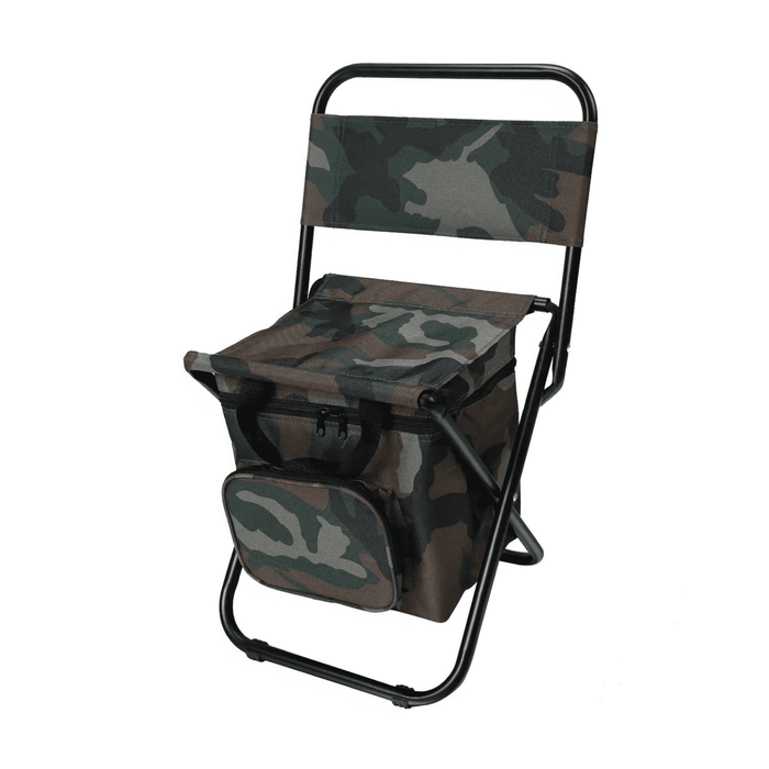 HYDE Foldable Camping Chair with Cooler Bag - A camouflaged foldable camping chair with a cooler bag underneath and a sturdy black frame. The product includes branding.