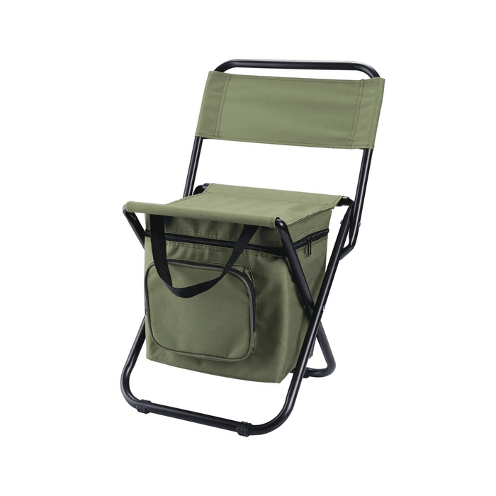 HYDE Foldable Camping Chair with Cooler Bag - A green foldable camping chair with a built-in cooler bag and a black frame, featuring a zippered front pocket.