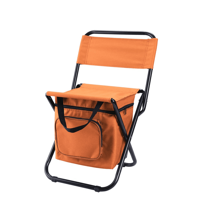 HYDE Foldable Camping Chair with Cooler Bag - An orange foldable camping chair with a cooler bag attached, featuring a black metal frame and a front pocket.