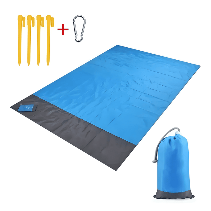 Polyester Picnic Blanket in Pouch - A blue and grey polyester picnic blanket laid out, accompanied by yellow pegs and a grey pouch with a carabiner.