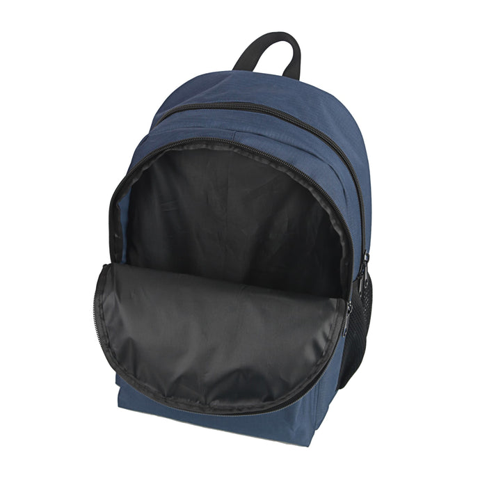 Field Backpack - A navy blue backpack with a black interior and a front zip pocket. The bag features a sturdy handle on top.