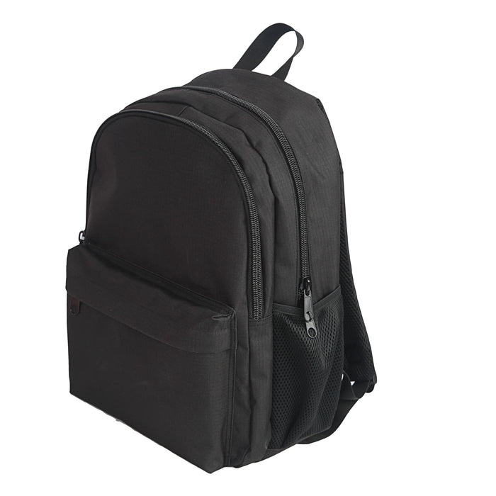Field Backpack - A black backpack featuring multiple zippered compartments and a mesh pocket on the side. It has a logo.
