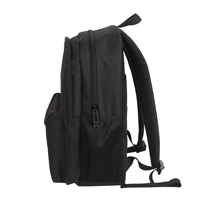 Field Backpack - A black backpack featuring a mesh pocket, two zippers, and padded shoulder straps. It has a minimalistic design.