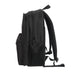 Field Backpack - A black backpack featuring a mesh pocket, two zippers, and padded shoulder straps. It has a minimalistic design.