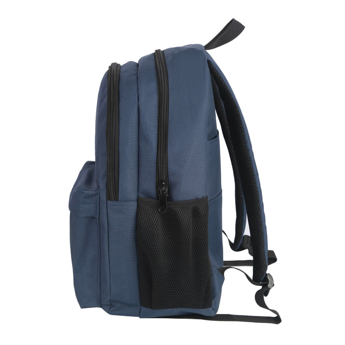 Field Backpack - A navy blue backpack featuring multiple compartments and a side mesh pocket. It has adjustable straps and a logo.