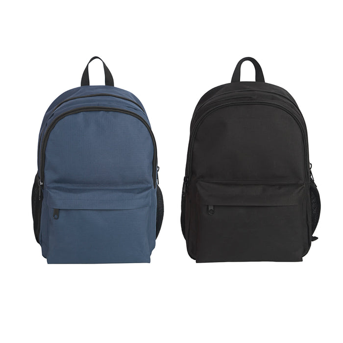 Field Backpack - A blue backpack and a black backpack, both featuring a front pocket and shoulder straps. Each has a logo.