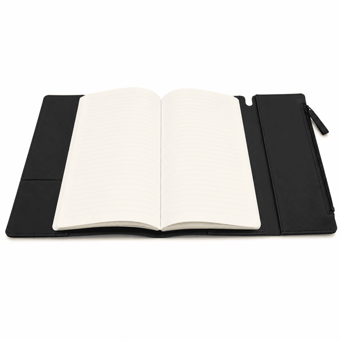Executive Soft-Touch PU Leather Notebook - A black soft-touch PU leather notebook featuring an empty lined interior and a zippered pocket on the side.