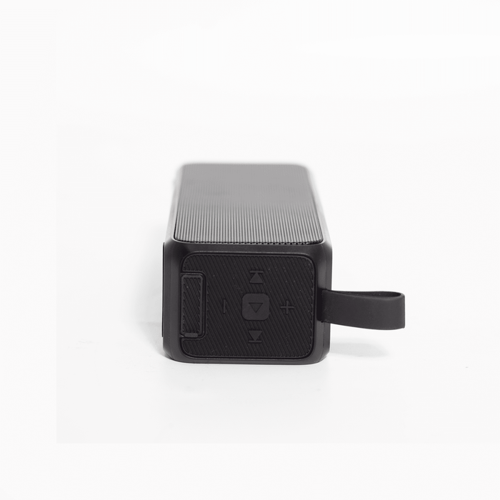 Sunrise Solar Speaker - A black rectangular solar speaker featuring controls on one side and a loop for attachment.