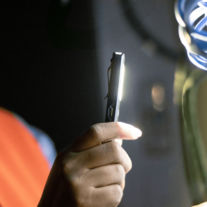 Rechargeable Work Light - A handheld rechargeable work light with a bright white LED, set against a dark background, featuring a sleek black design.