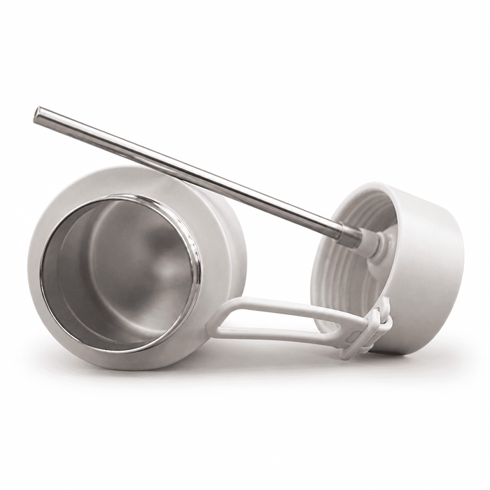 The Sofia 1L Bottle - A drink bottle in white with a stainless steel straw, featuring a simple design and a lid attached by a handle.