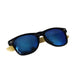 Sunglasses Bamboo (Coated) - Sunglasses with black frames and blue lenses, featuring bamboo-coated arms and a small logo.