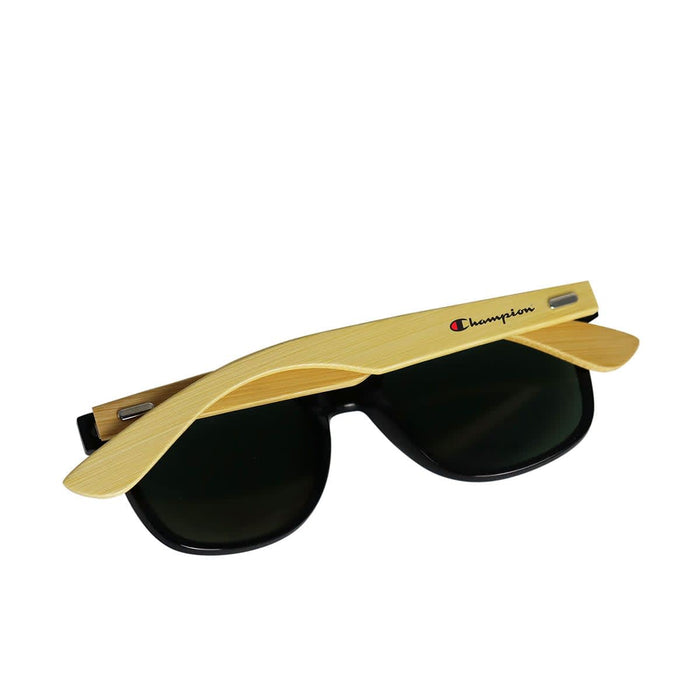 Sunglasses Bamboo (Uncoated) - Bamboo sunglasses with black lenses and a timber effect frame, featuring a logo on one side.