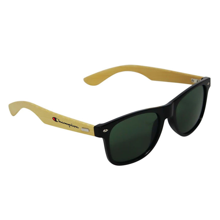 Sunglasses Bamboo (Uncoated) - Sunglasses featuring a black frame and bamboo-coloured arms, with a logo on the side.