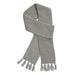Ruga Knit Scarf - A soft, light grey knit scarf with a textured pattern and fringed ends. It features a logo.