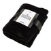 Coral Fleece Blanket - A black Coral Fleece blanket wrapped with a band featuring branding, showcasing its soft texture and warmth.