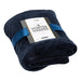 Coral Fleece Blanket - A navy blue coral fleece blanket, neatly rolled and tied with a ribbon, featuring a branding tag.