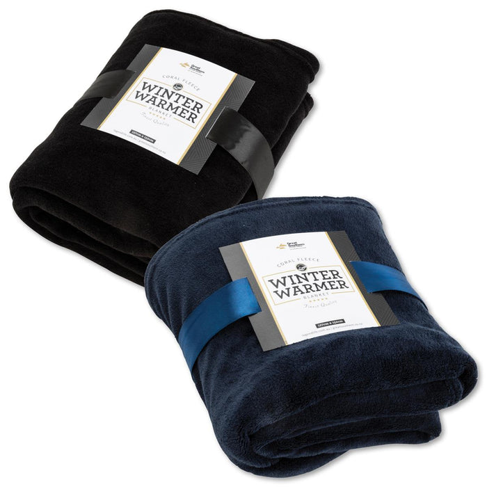 Coral Fleece Blanket - A folded coral fleece blanket in black and navy blue, each with a ribbon and a branding label.