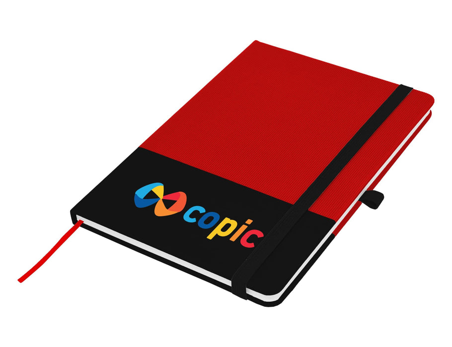 Designa Breeze A5 Notebook - A red and black A5 notebook featuring a logo, with an elastic band closure and a ribbon marker.