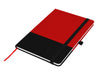 Designa Breeze A5 Notebook - A red and black A5 notebook with a black strap and ribbon bookmark, featuring a logo on the cover.