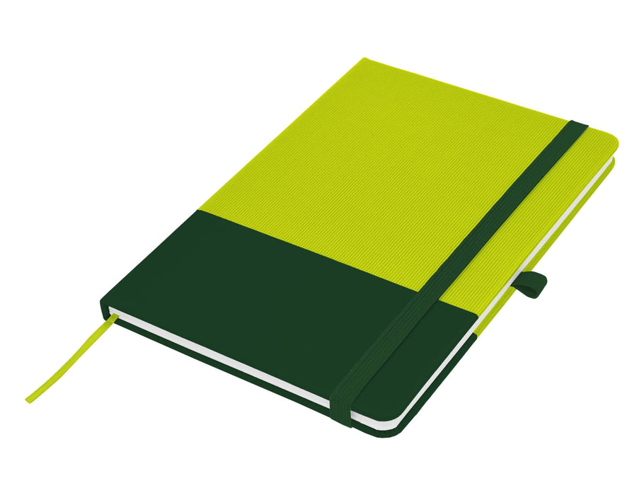 Designa Breeze A5 Notebook - A green and yellow A5 notebook with an elastic band and a ribbon bookmark, featuring a logo.