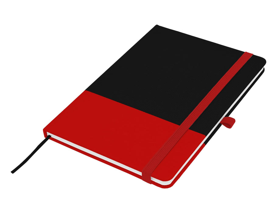 Designa Breeze A5 Notebook - A black and red A5 notebook featuring a contrasting design and an elastic closure. It has a ribbon marker and a logo.