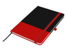 Designa Breeze A5 Notebook - A black and red A5 notebook featuring a contrasting design and an elastic closure. It has a ribbon marker and a logo.