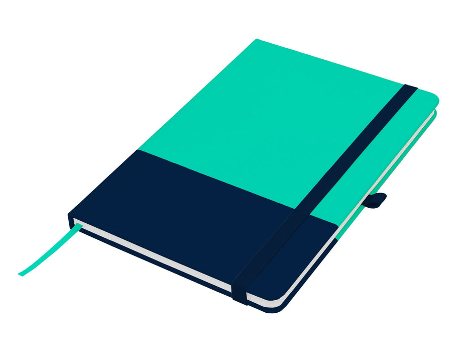 Designa Breeze A5 Notebook - A A5 notebook featuring a turquoise and navy design, with an elastic band and a ribbon bookmark, and includes a logo.
