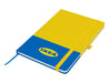 Designa Breeze A5 Notebook - A blue and yellow A5 notebook with a logo and an elastic band closure. It features a ribbon bookmark.