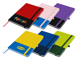 Designa Breeze A5 Notebook - A collection of A5 notebooks in red, black, pink, purple, yellow, navy, and green, each with an elastic band and logos.