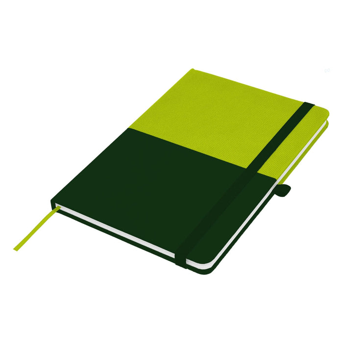 Designa Symphony A5 Notebook - A green and lime A5 notebook with an elastic strap and a ribbon bookmark, featuring a simple design.