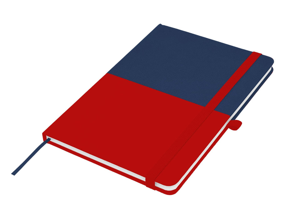 Designa Symphony A5 Notebook - A A5 notebook featuring a red and navy blue design, complete with an elastic closure and a ribbon marker.