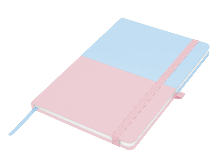 Designa Symphony A5 Notebook - A pink and blue A5 notebook with an elastic band closure and a ribbon bookmark. It features a logo on the cover.