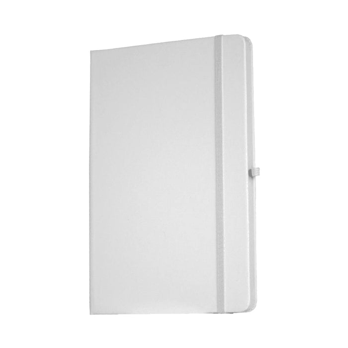 Recycled Spectrum A5 JournalBook - A white A5 journal with a textured cover and a matching elastic band closure. It has a logo on the front.