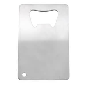 Stainless Credit Card Bottle Opener - A drink bottle opener in stainless steel, featuring a minimalist design with a circular hole and a bottle opener cutout.