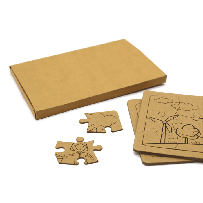 Kids Jigsaw 2 Puzzle Set - A brown cardboard box with two jigsaw puzzle pieces displayed alongside completed puzzle layouts.