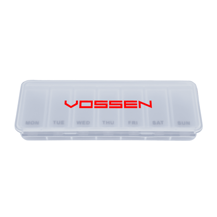 Doctor Pill Box - A transparent weekly pill box with compartments for each day, featuring a red logo.