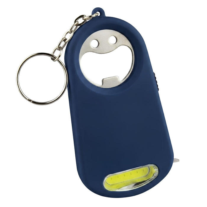 Smily Torch Tape Bottle Opener Key Ring - A drink bottle opener key ring in navy blue, featuring a flashlight and a bottle opener, with a chain attachment.