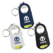 Smily Torch Tape Bottle Opener Key Ring - A drink bottle opener key ring in navy, white, and black, featuring a logo and a built-in torch.