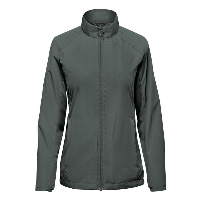 Women's Pacifica Full Zip Jacket - A women's full zip jacket in dark grey with a collar and long sleeves, featuring a logo on the front.