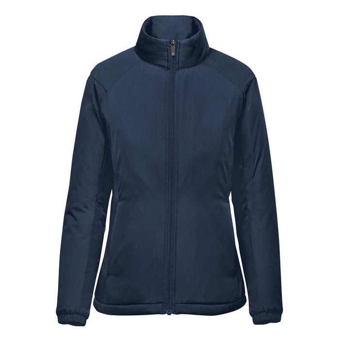 Women's Pacifica Thermal Jacket - A women's thermal jacket in navy blue with a zip front and high collar. It features a logo on the chest.