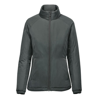 Women's Pacifica Thermal Jacket - A women's thermal jacket in dark grey with a high collar and zippered front. Features a simple design and a logo.