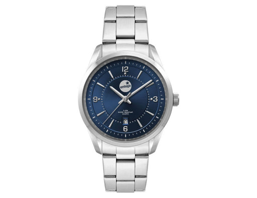 Ladies Casual Dress Watch, Stainless Steel Strap - A stainless steel strap watch with a blue dial featuring silver hour markers and a date display.