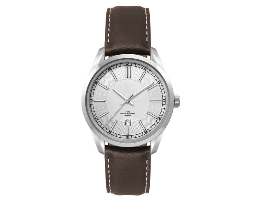 Ladies Casual Dress Watch, Leather Strap - A silver watch with a minimalist face and a brown leather strap, featuring a logo on the dial.