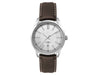 Ladies Casual Dress Watch, Leather Strap - A silver watch with a minimalist face and a brown leather strap, featuring a logo on the dial.
