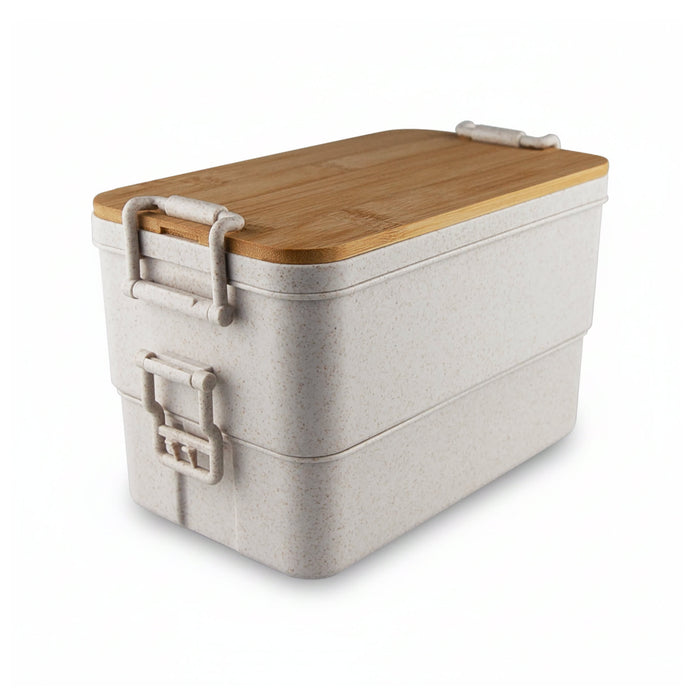 Bamboo Stack & Go Lunch Box - A stackable lunch box in light grey with a bamboo lid and sturdy clips. It features a natural, textured finish.