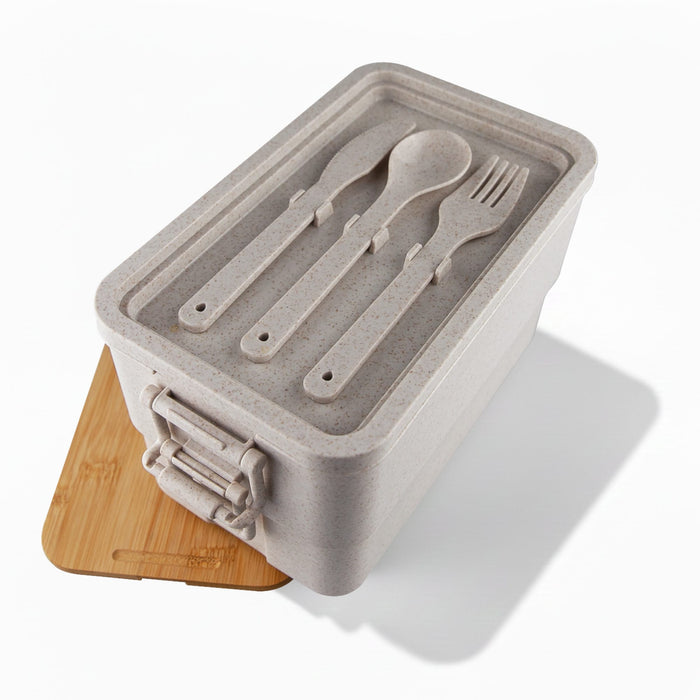Bamboo Stack & Go Lunch Box - A rectangular bamboo stackable lunch box in light grey, featuring a bamboo lid and cutlery set inside.
