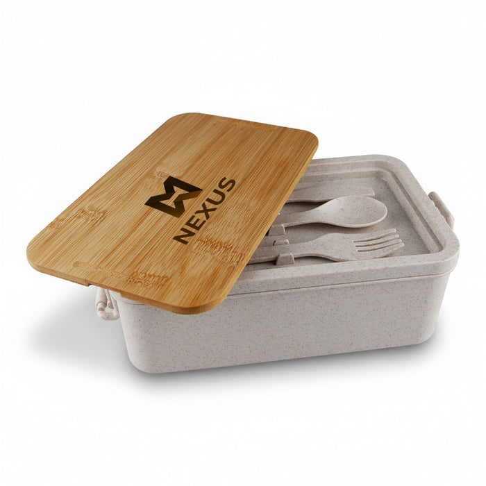 Bamboo Stack & Go Lunch Box - A bamboo lunch box with a light-coloured base and a bamboo lid, containing utensils inside. Contains a logo.