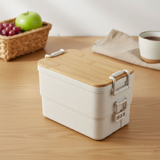 Bamboo Stack & Go Lunch Box - A beige bamboo stackable lunch box with a wooden lid, placed on a wooden surface beside a woven basket and cup.