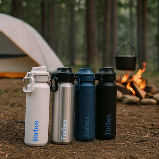 Thunder 600ml Bottle - A drink bottle collection featuring white, silver, navy, and black bottles, each with a logo, set in a camping environment.