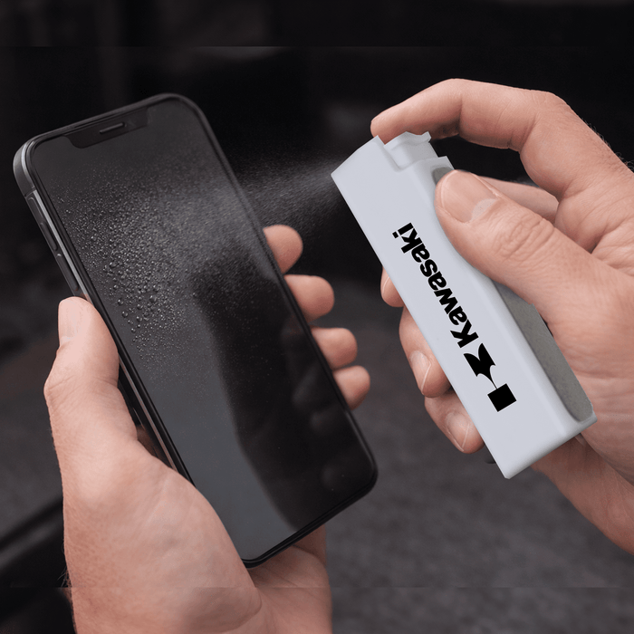 The Wipey Screen Cleaner - A white spray bottle is cleaning a smartphone screen, which is covered in mist. The bottle has a logo.